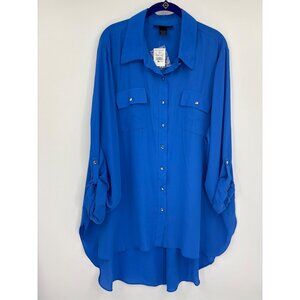 Ashley Stewart Blouse Top Roll Tab Sleeve Button Up Down Hi Lo Blue Sz 22/24W NE